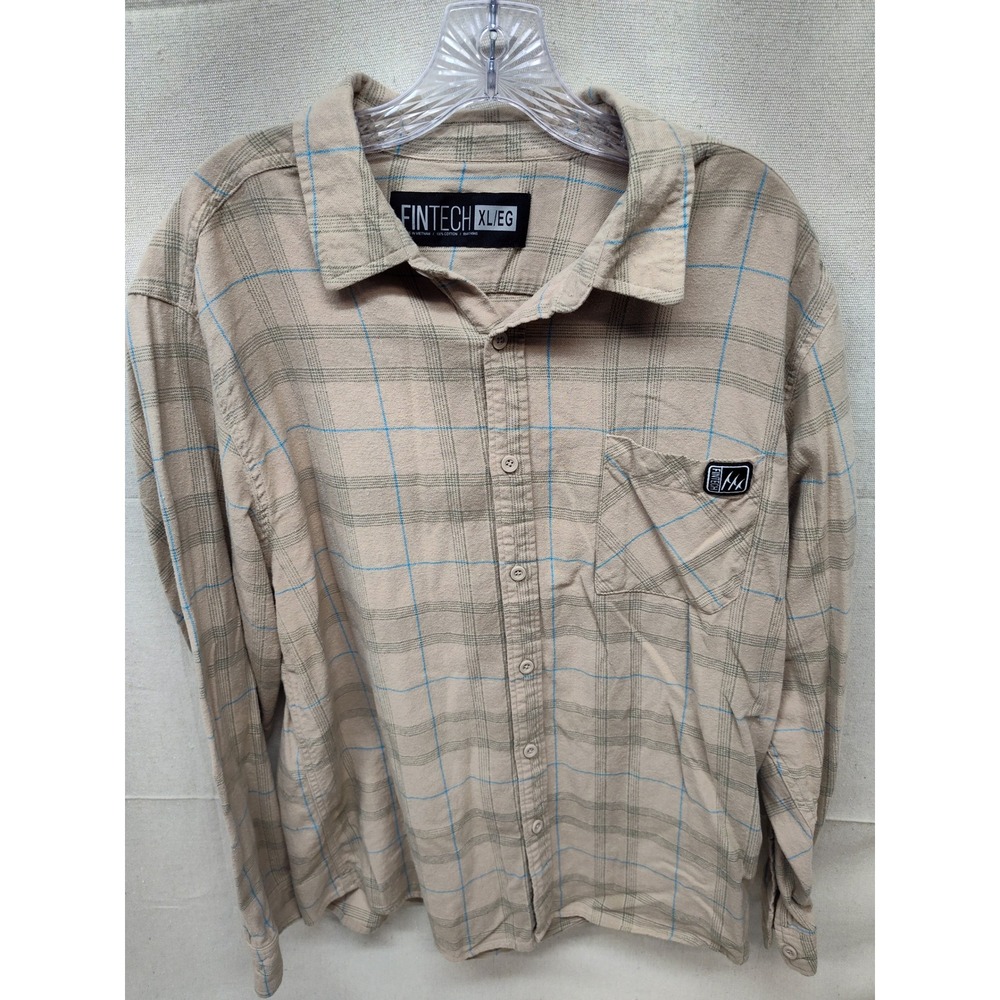 Fintech Mens XL Flannel Shirt Tan Blue Plaid Long Sleeve Button Down Cotton 1849